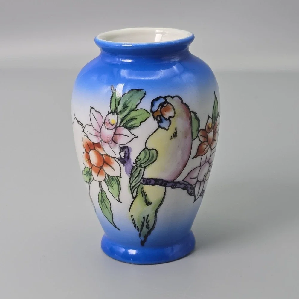 Vintage Occupied Japan‎ Blue Vase Parrot Bird Floral Hand Painted Bud Vase